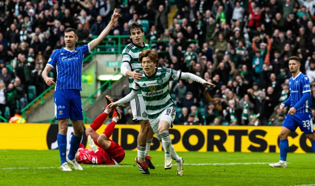 Kyogo Furuhashi celebrates after scoring for Celtic against St Johnstone