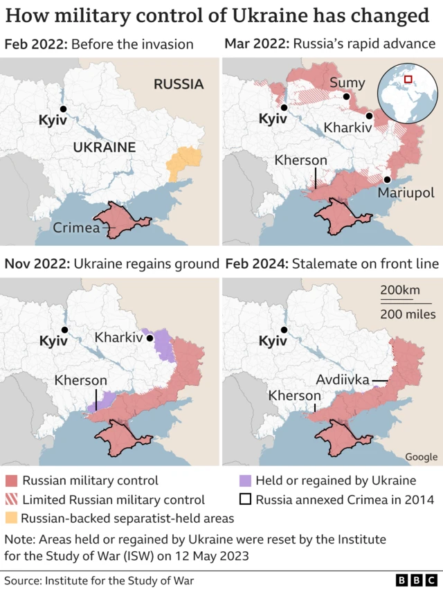 A series of maps showing how military control of Ukraine has changed since February 2022.