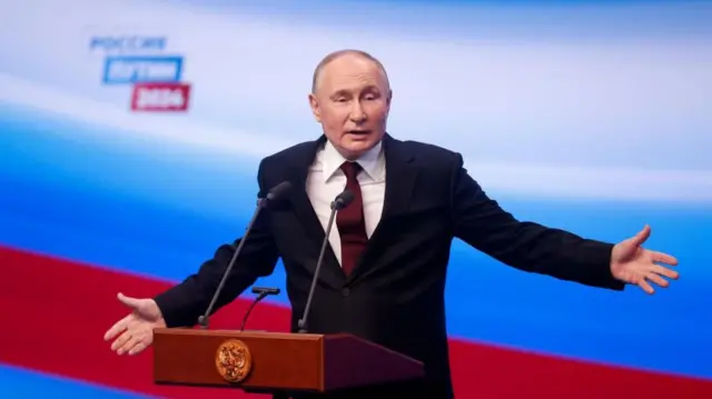 Russian President Vladimir Putin speaking on Sunday 17 March 2024.