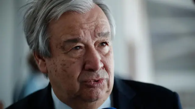 United Nations Secretary-General António Guterres speaks during an interview the media, ahead of the VIII Community of Latin American and Caribbean States (CELAC) Summit in Kingstown, St. Vincent and the Grenadines, 29 February 2024