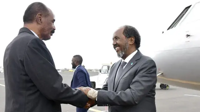 Somalia's President Hassan Sheikh Mohamud is received by Eritrea's President Isaias Afwerki during his visit to Eritrea on 17 March 2024