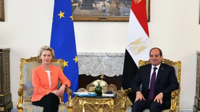 Egyptian President Abdel Fattah al-Sisi meets with European Commission President Ursula von der Leyen at the Ittihadiya presidential palace in Cairo, Egypt, March 17, 2024, in this handout picture courtesy of the Egyptian Presidency