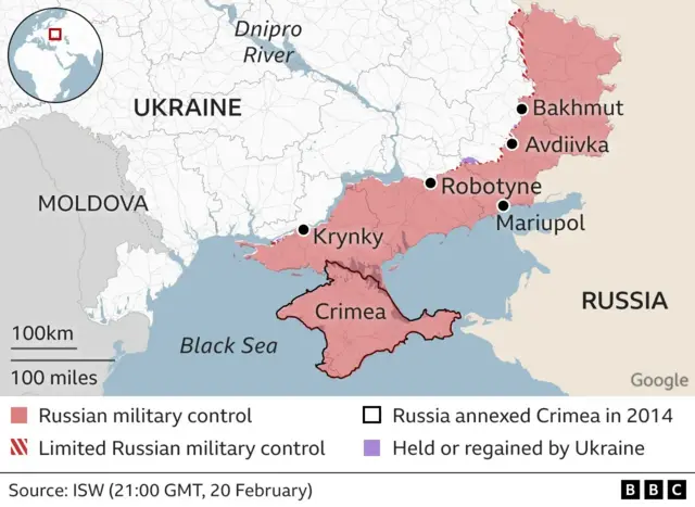 A map showing land occupied by Russia in Ukraine