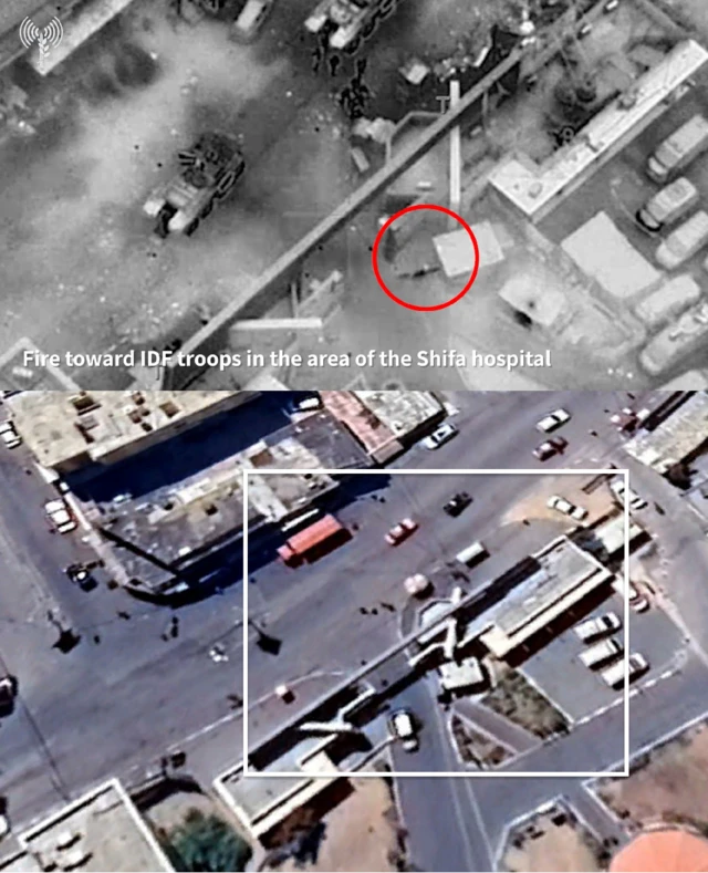 A aerial still image from the IDF video showing the al-Shifa complex alongside a satellie image of the same location taken from Google Maps.