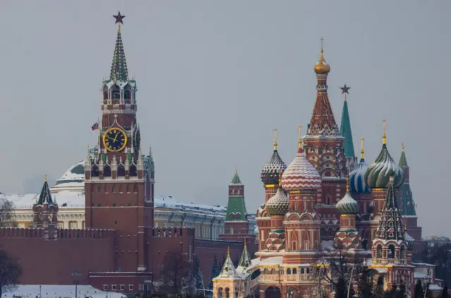 A photo of the Kremlin and St. Basil's Cathedral are seen on a frosty day in Moscow,