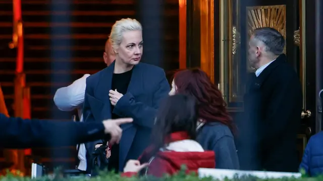 Yulia Navalnaya, widow of the late Russian dissident Alexei Navalny, leaves after casting her ballot in the Russian presidential elections inside the Russian embassy in Berlin, Germany