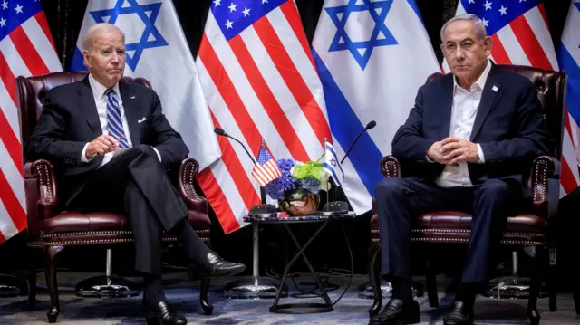 .S. President Joe Biden, left, pauses during a meeting with Israeli Prime Minister Benjamin Netanyahu, right, to discuss the war between Israel and Hamas, in Tel Aviv, Israel,