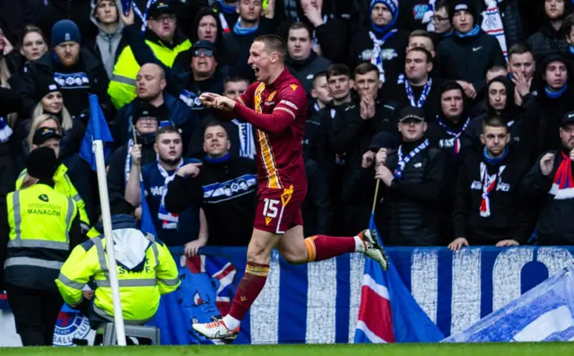 Dan Casey celebrates his goal at Ibrox