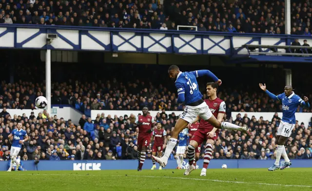 Beto scores a header for Everton v West Ham.