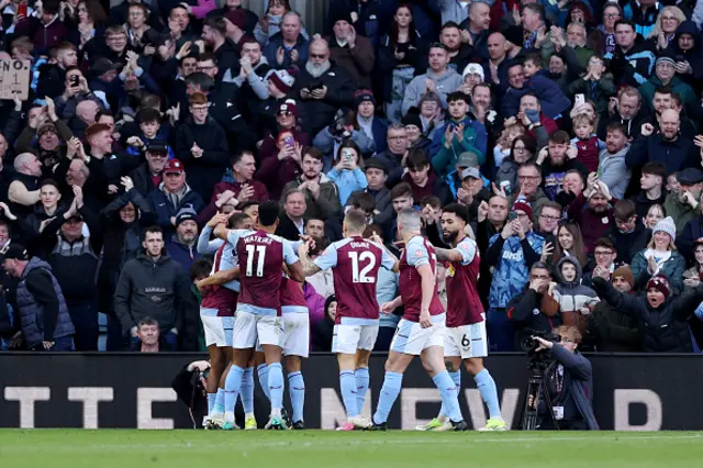 Leon Bailey of Aston Villa (obscured) celebrates scoring with teammates