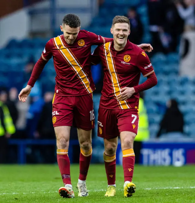 Paul McGinn and Blair Spittal celebrate at Ibrox