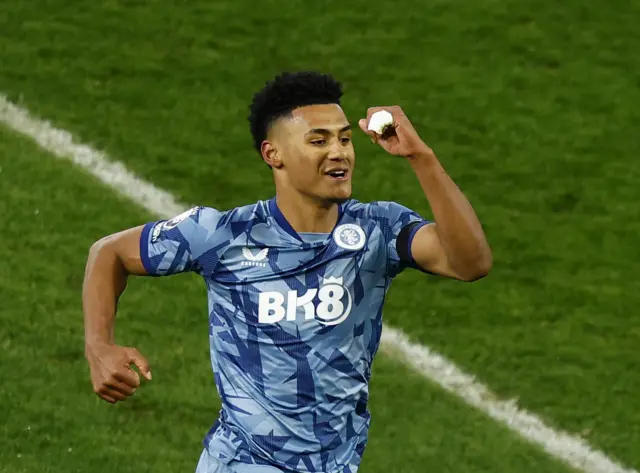 Watkins punches the air in celebration after his first goal v Luton.