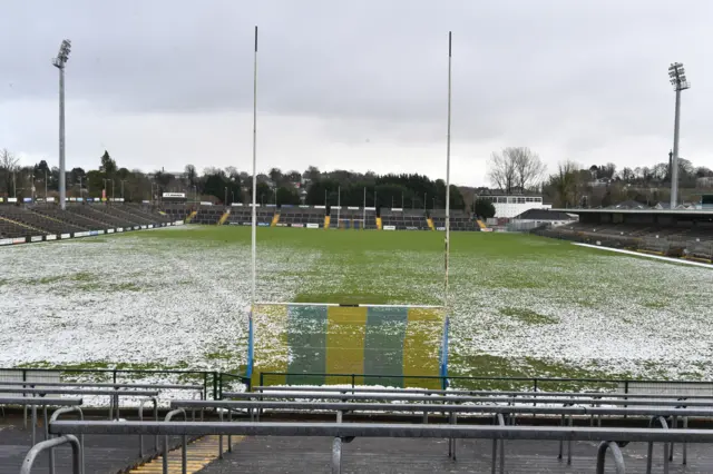 Snow covers a large part of the the Brewster Park pitch