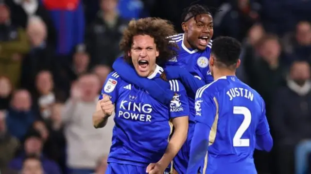 Wout Faes celebrates a goal for Leicester City