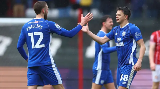 Cardiff players celebrate their win over Bristol City