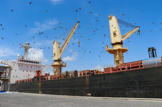 Greek-flagged bulk cargo vessel Sea Champion is docked in the port of Aden, Yemen, where it arrived after being attacked in the Red Sea