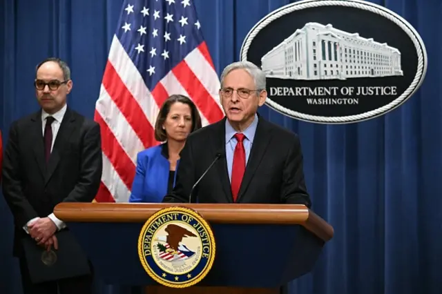 US Attorney General Merrick Garland announces an antitrust lawsuit against Apple, at the Justice Department in Washington, DC