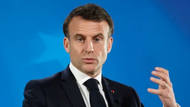 Emmanuel Macron, France's president, during a news conference following the European Union (EU) Council summit in Brussels in Brussels, Belgium, on Friday, March 22, 2024.