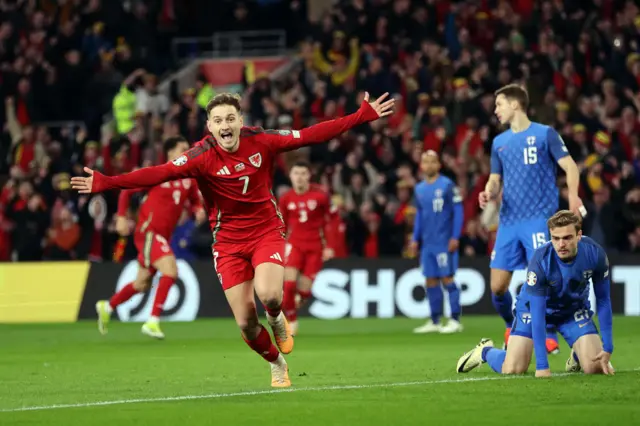 David Brooks celebrates scoring for Wales