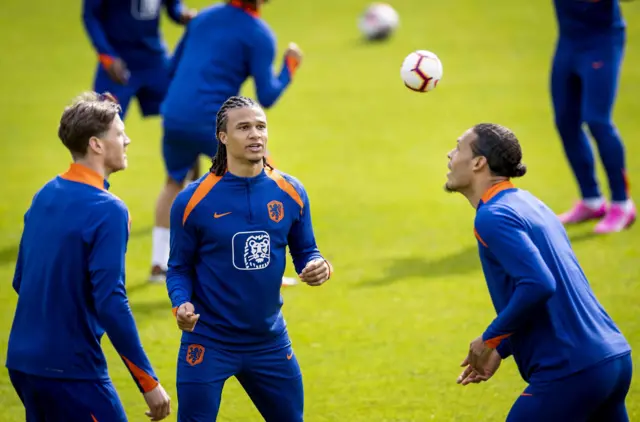 Dutch national soccer players Wout Weghorst, Nathan Ake and Virgil van Dijk attend the team's training session at the KNVB Campus in Zeist, the Netherlands, 21 March 2024.