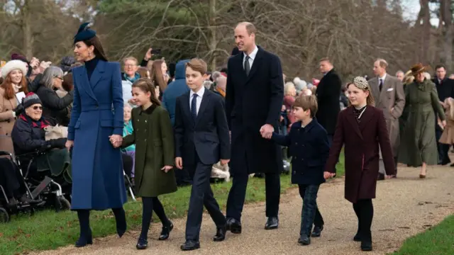 The Princess of Wales, Princess Charlotte, Prince George, the Prince of Wales, Prince Louis and Mia Tindall attending the Christmas Day morning church service at St Mary Magdalene Church in Sandringham, Norfolk.