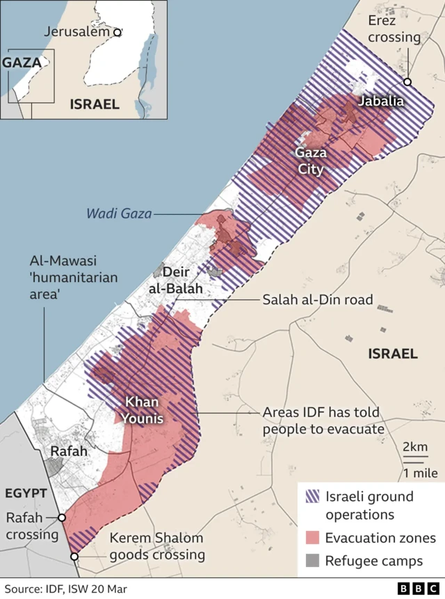 A map showing the extent of Israeli ground operations in Gaza