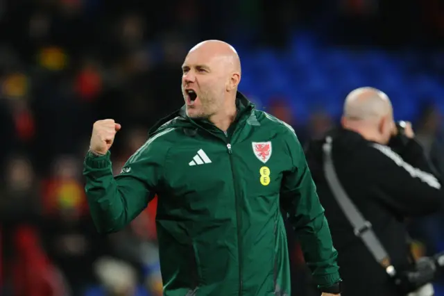 Wales boss Robert Page punches the air celebration after their 4-1 win over Finland