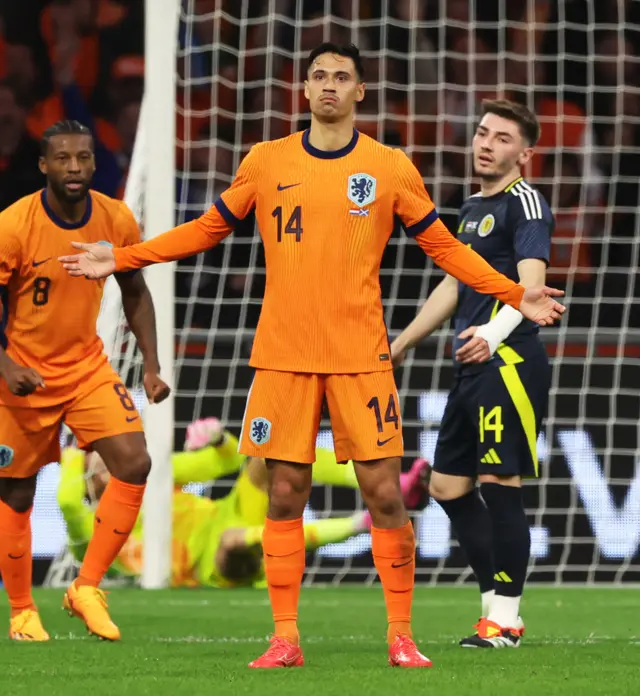 Tijjani Reijnders celebrates after scoring to make it 1-0 The Netherlands during an international friendly match between the Netherlands and Scotland at the Johan Cruyff Arena