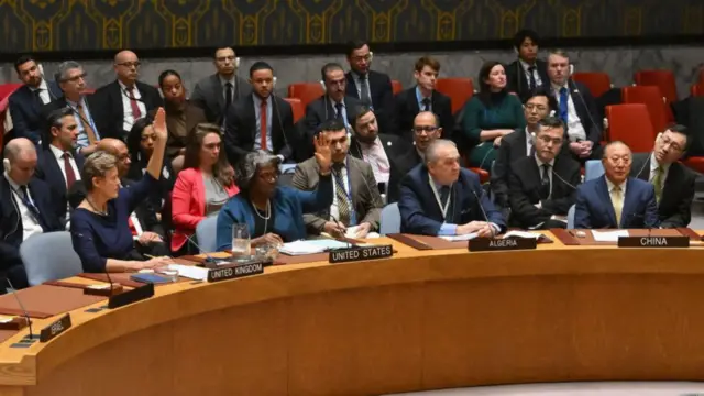 The UN Security Council votes on a motion for a Gaza ceasefire and hostage deal vote at UN headquarters in New York, on March 22, 2024. Russia and China on Friday vetoed a US-backed draft resolution at the Security Council on a ceasefire in Gaza, with Moscow accusing Washington of a "hypocritical spectacle" that does not pressure Israel. (Photo by ANGELA WEISS / AFP) (Photo by ANGELA WEISS/AFP via Getty Images)