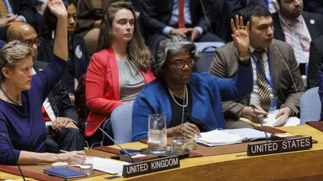 United States Ambassador Linda Thomas-Greenfield raises her hand to vote in favor for a resolution on a ceasefire in Gaza during a United Nations Security Council meeting at the United Nations Headquarters in New York, USA, 22 March 2024.