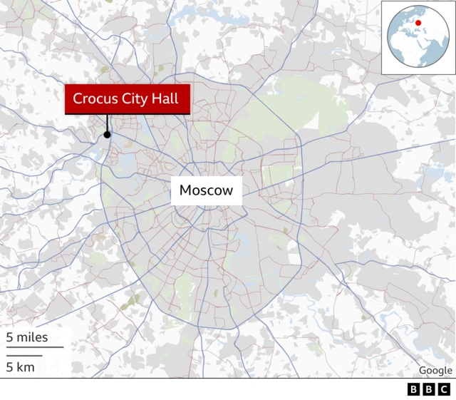 Map shows location of Crocus City Hall near Moscow