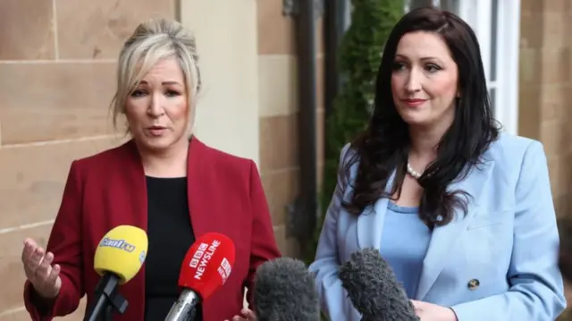 First Minister Michelle O'Neill (left) and Deputy First Minister Emma Little-Pengelly speaking to the media