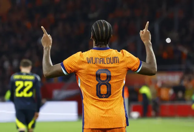 Netherlands' Georginio Wijnaldum celebrates scoring their second goa