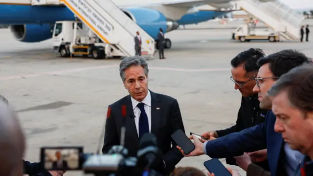 US Secretary of State Antony Blinken speaks to the media, before departing, at Ben Gurion International airport, Tel Aviv, Israel, March 22, 2024.