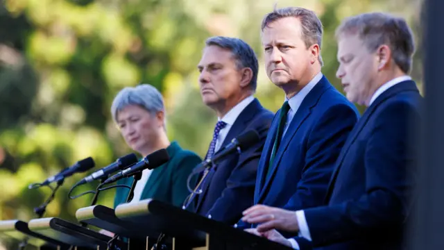 Australian foreign minister Penny Wong, defence minister Richard Marles, foreign secretary David Cameron and defence secretary Grant Schapps during a press confernce.