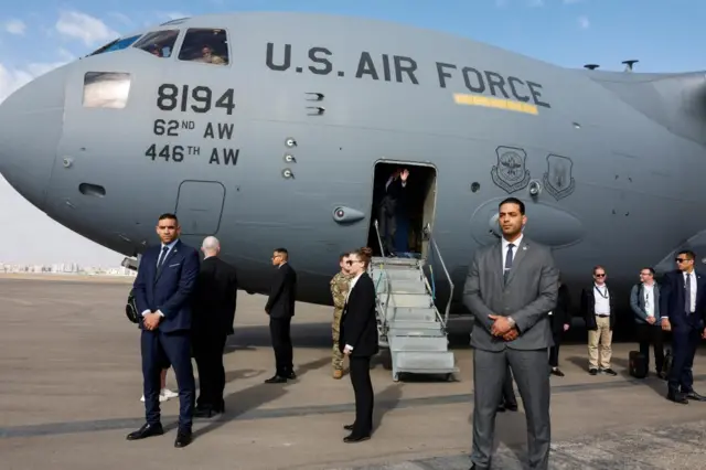 US Secretary of State Antony Blinken waves as he departs Egypt for Israel on Friday morning