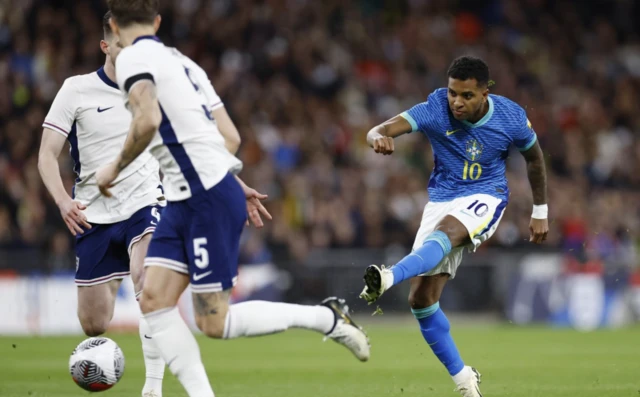 Brazil's Rodrygo shoots at goal