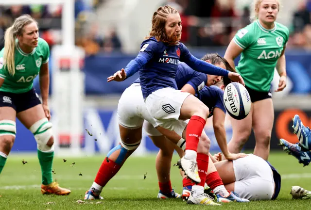 France scrum-half Pauline Bourdon Sansus attempts a kick in Le Mans