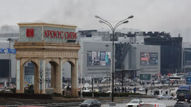 An exterior shot of the Crocus City Hall in Moscow