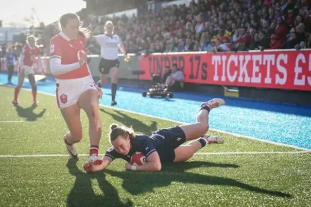 Scotland's Coreen Grant scores a try against Wales