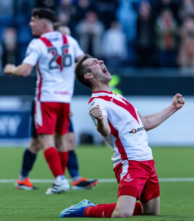 Airdrie's Nikolay Todorov celebrates on the full time whistle as he wins the SPFL Trust Trophy during the SPFL Trust Trophy Final match between The New Saints and Airdrieonians at Falkirk Stadium, on March 24, 2024, in Falkirk, Scotland.