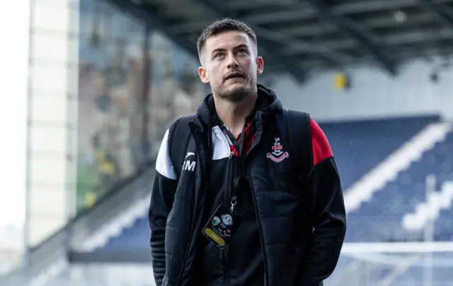 Airdrie Player Manager Rhys McCabe before the SPFL Trust Trophy Final match between The New Saints and Airdrieonians at Falkirk Stadium, on March 24, 2024, in Falkirk, Scotland.