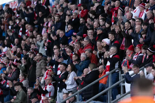 Airdrie fans during the SPFL Trust Trophy Final match between The New Saints and Airdrieonians at Falkirk Stadium, on March 24, 2024, in Falkirk, Scotland.