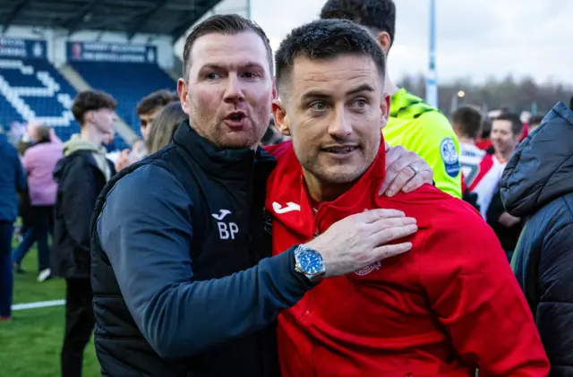 Airdrie Player Manager Rhys McCabe celebrates winning the SPFL Trust Trophy during the SPFL Trust Trophy Final match between The New Saints and Airdrieonians at Falkirk Stadium, on March 24, 2024, in Falkirk, Scotland.