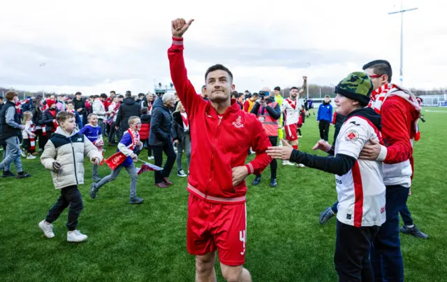 Airdrie Player Manager Rhys McCabe celebrates winning the SPFL Trust Trophy during the SPFL Trust Trophy Final match between The New Saints and Airdrieonians at Falkirk Stadium, on March 24, 2024, in Falkirk, Scotland.