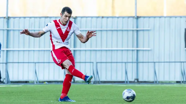 Airdrie's Nikolay Todorov scores from the penalty spot to make it 2-1 during the SPFL Trust Trophy Final match between The New Saints and Airdrieonians at Falkirk Stadium, on March 24, 2024, in Falkirk, Scotland.