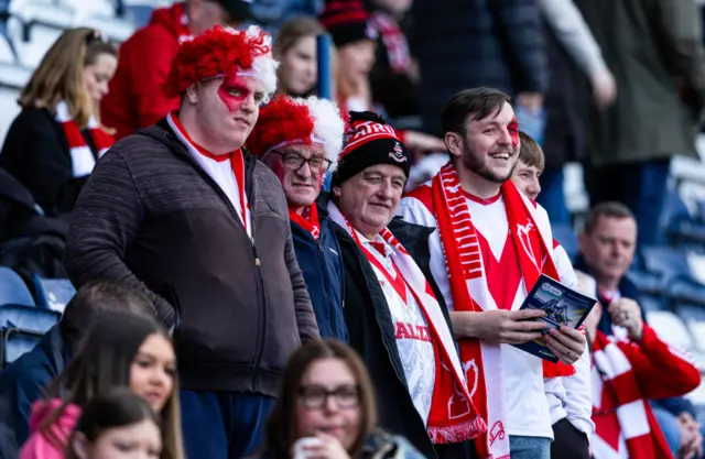 Airdrie fans during the SPFL Trust Trophy Final match between The New Saints and Airdrieonians at Falkirk Stadium, on March 24, 2024, in Falkirk, Scotland.