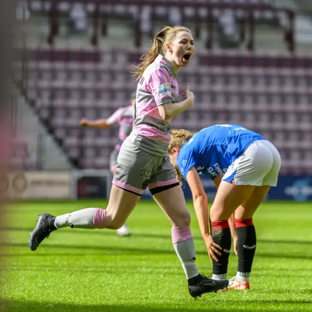 Rachel Donaldson celebrates scoring the equaliser for Partick Thistle against Rangers