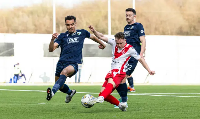 Airdrie's Liam McStravick has a shot on target during the SPFL Trust Trophy Final match between The New Saints and Airdrieonians at Falkirk Stadium, on March 24, 2024, in Falkirk, Scotland.