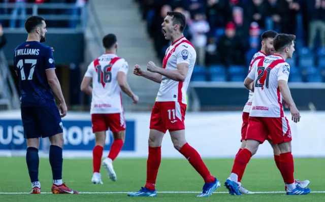 Airdrie's Nikolay Todorov celebrates as he scores from the penalty spot to make it 2-1 during the SPFL Trust Trophy Final match between The New Saints and Airdrieonians at Falkirk Stadium, on March 24, 2024, in Falkirk, Scotland.